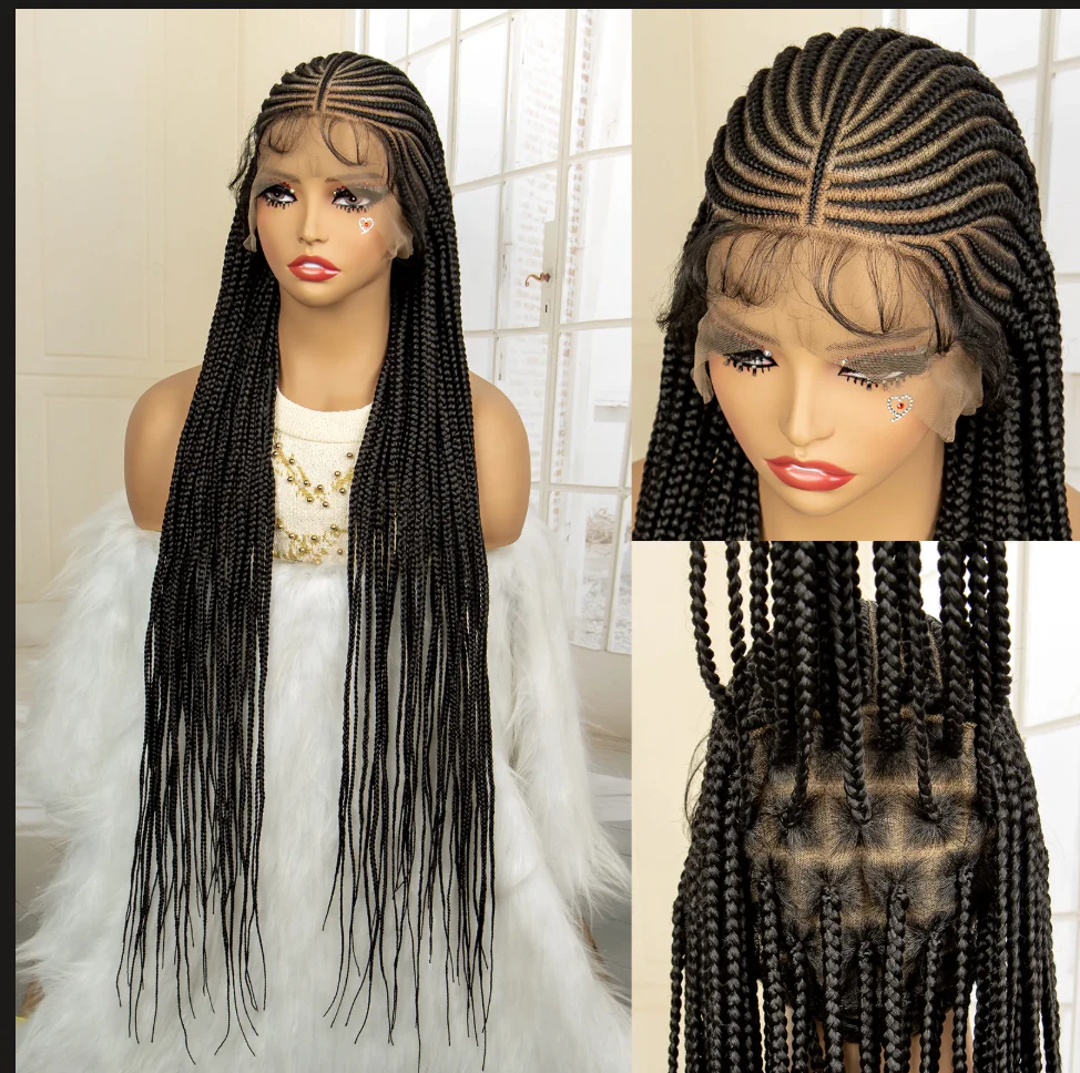 Braided lace wig shown from the front, hairline, and lace cap
