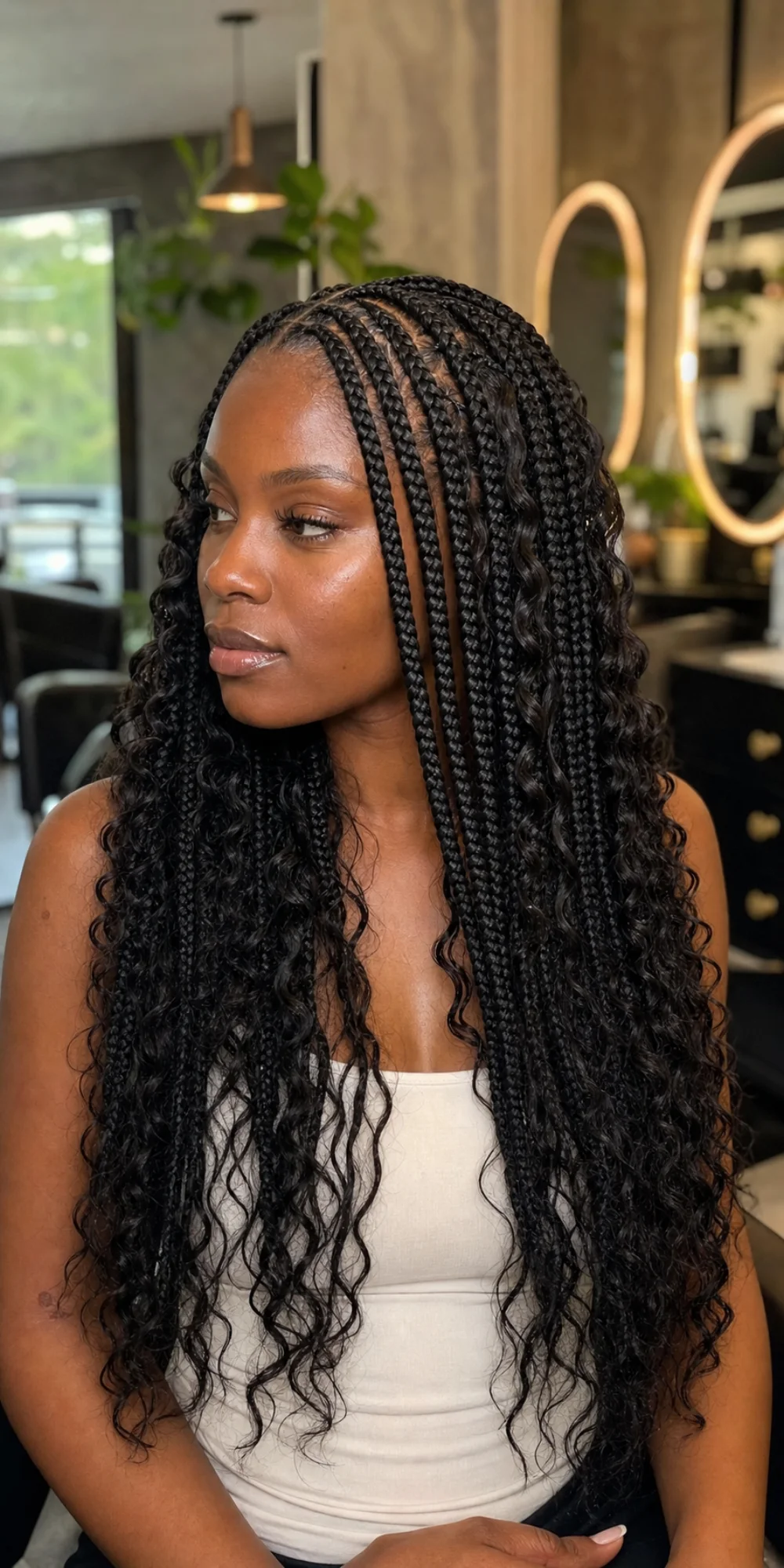 Black woman wearing goddess braids with loose curls woven through the plaits