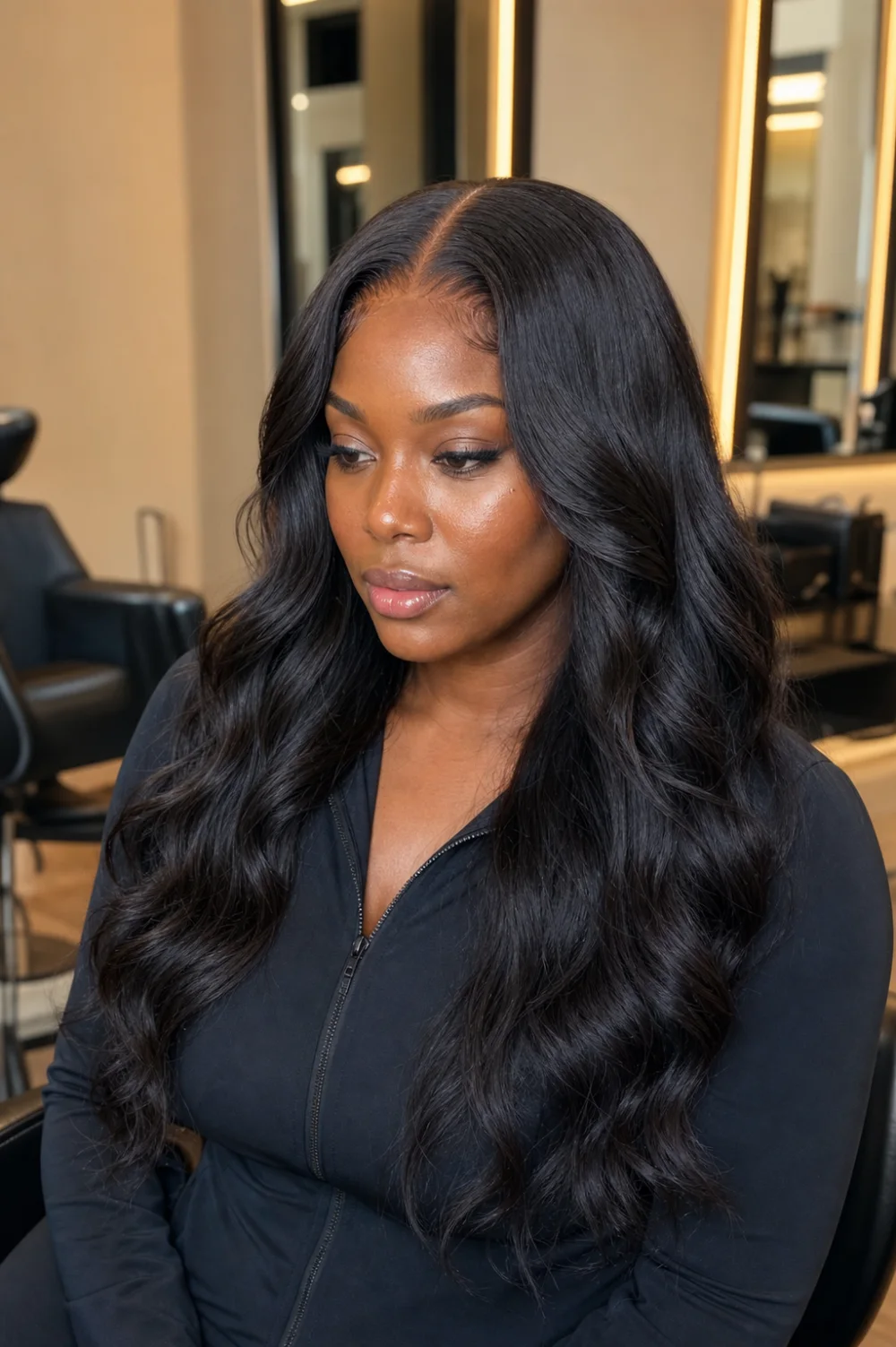 Black woman wearing a long, natural-black HD lace body-wave wig