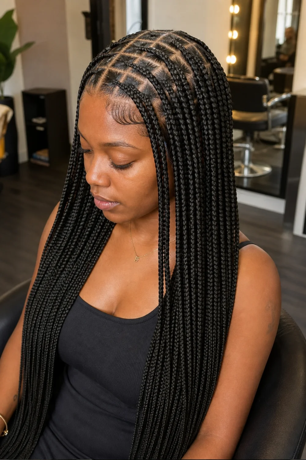 Close view of long knotless braids