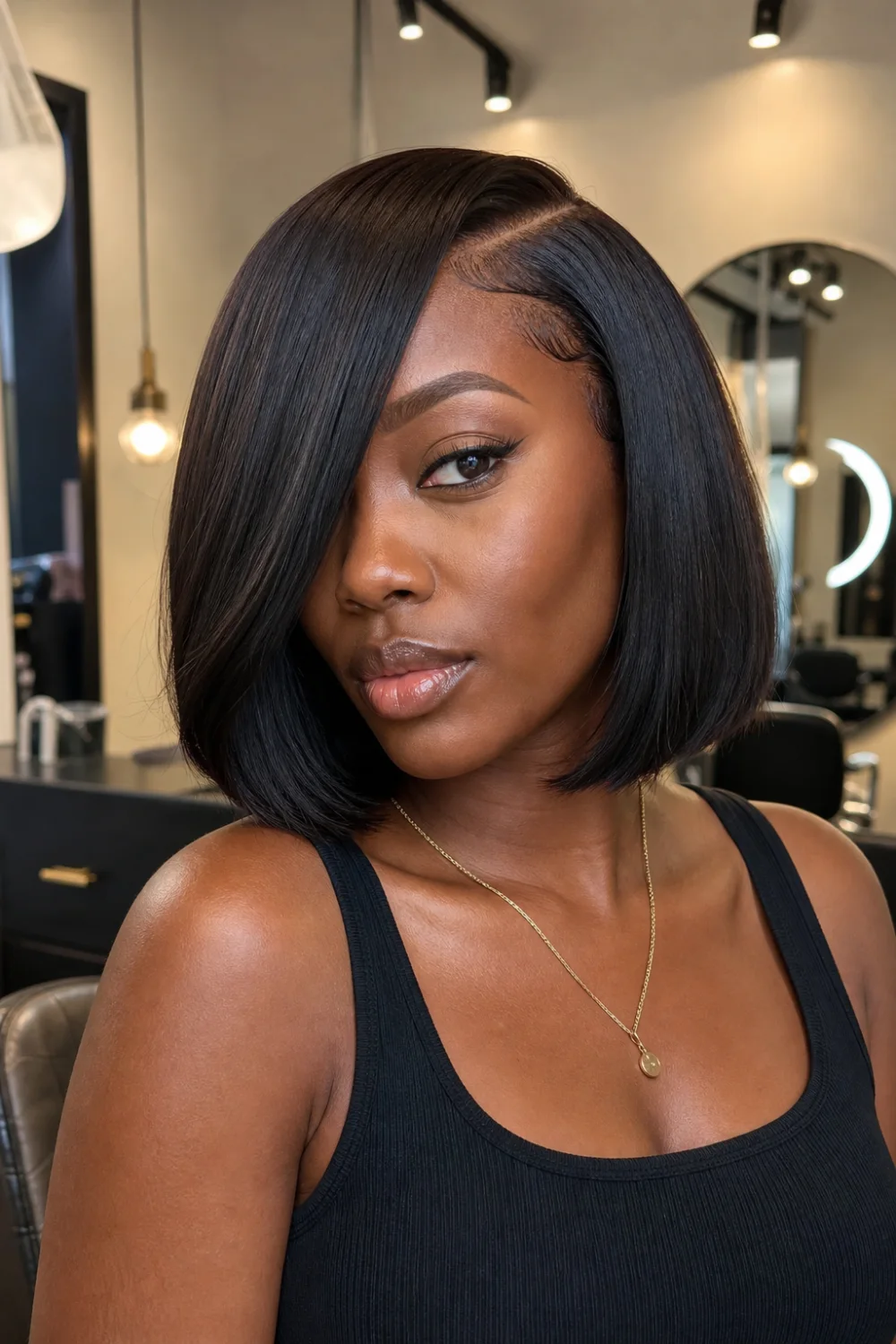 Black woman wearing a sleek, side-parted bob wig
