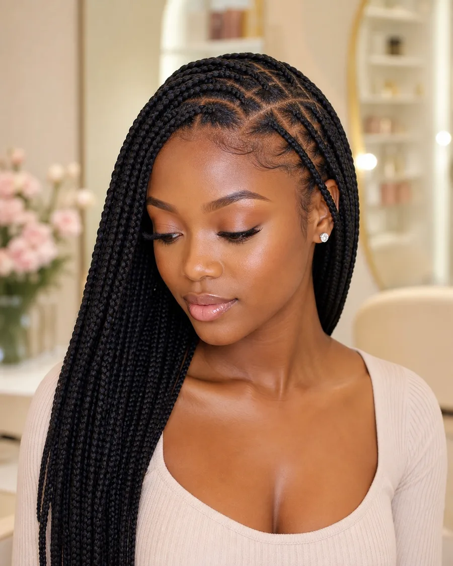 Braided hairstyle representing Goddess Braids services